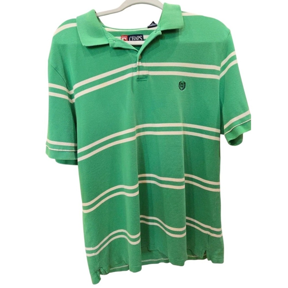 Chaps Polo Shirt Men's XL Green White Striped Short Sleeve Casual 100% Cotton